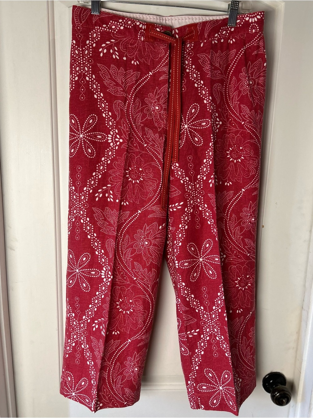 Lands' End Linen Cropped Red White Bandana-Print Wide Leg Pant